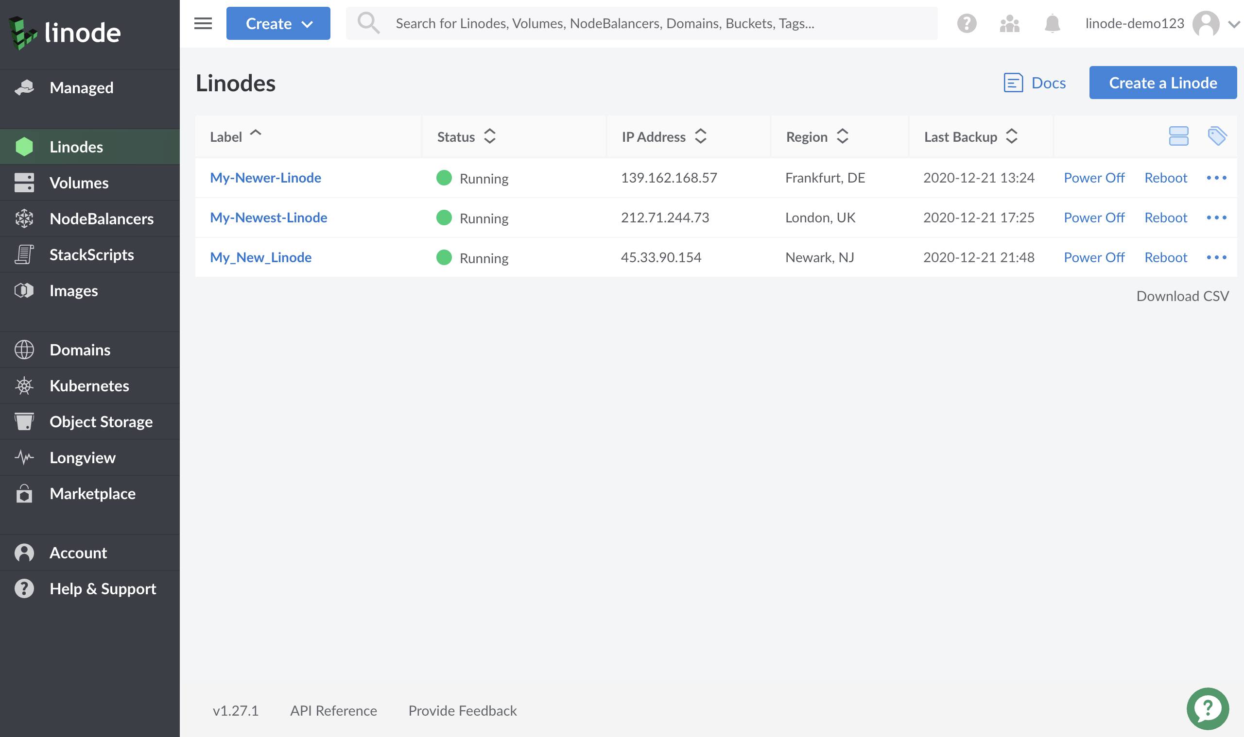 Cloud Manager dashboard - Linodes sidebar link highlighted Cloud Manager dashboard - Linodes sidebar link highlighted