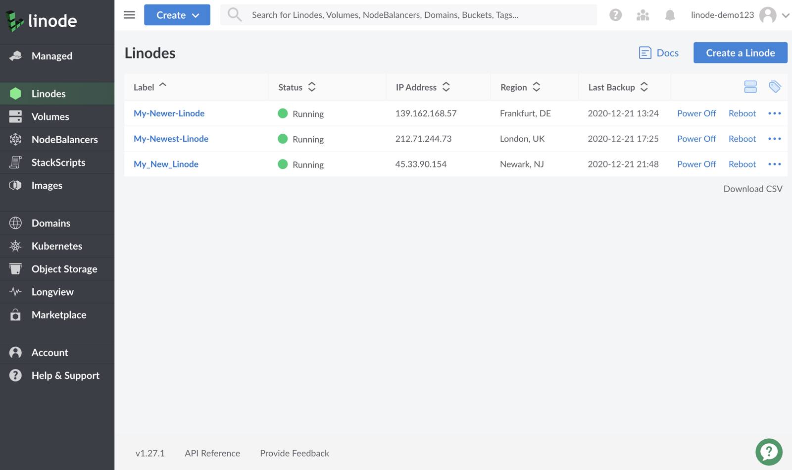 Cloud Manager dashboard - Linodes sidebar link highlighted Cloud Manager dashboard - Linodes sidebar link highlighted