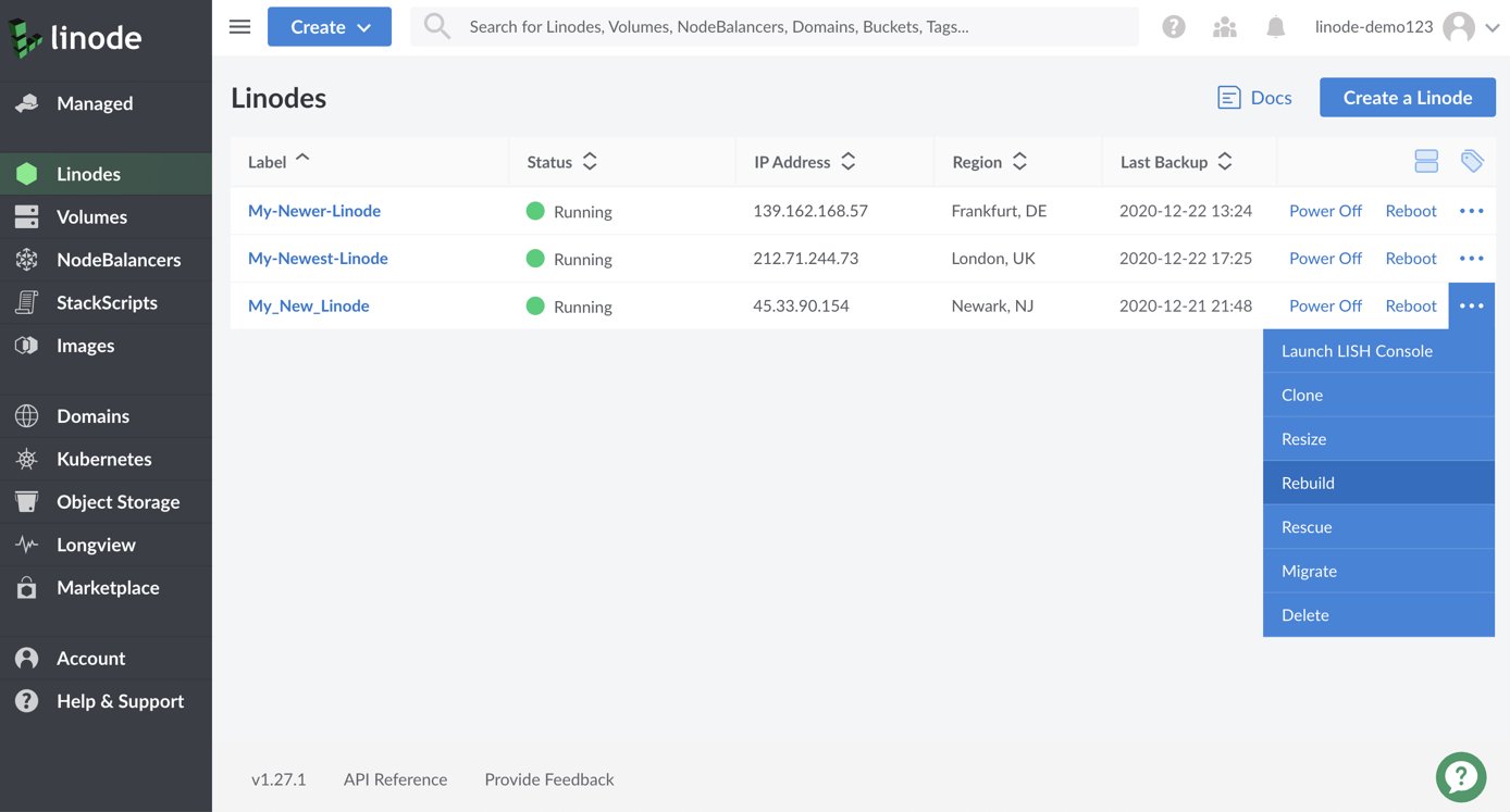 Cloud Manager Linodes page - rebuild option highlighted Cloud Manager Linodes page - rebuild option highlighted