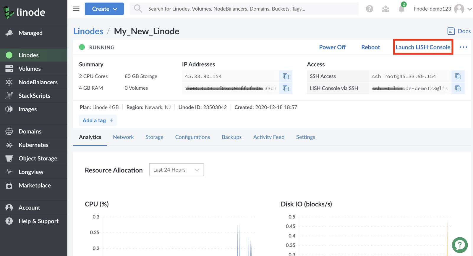 Cloud Manager Linode detail page - Launch Console button highlighted Cloud Manager Linode detail page - Launch Console button highlighted