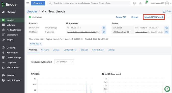Cloud Manager Linode detail page - Launch Console button highlighted Cloud Manager Linode detail page - Launch Console button highlighted