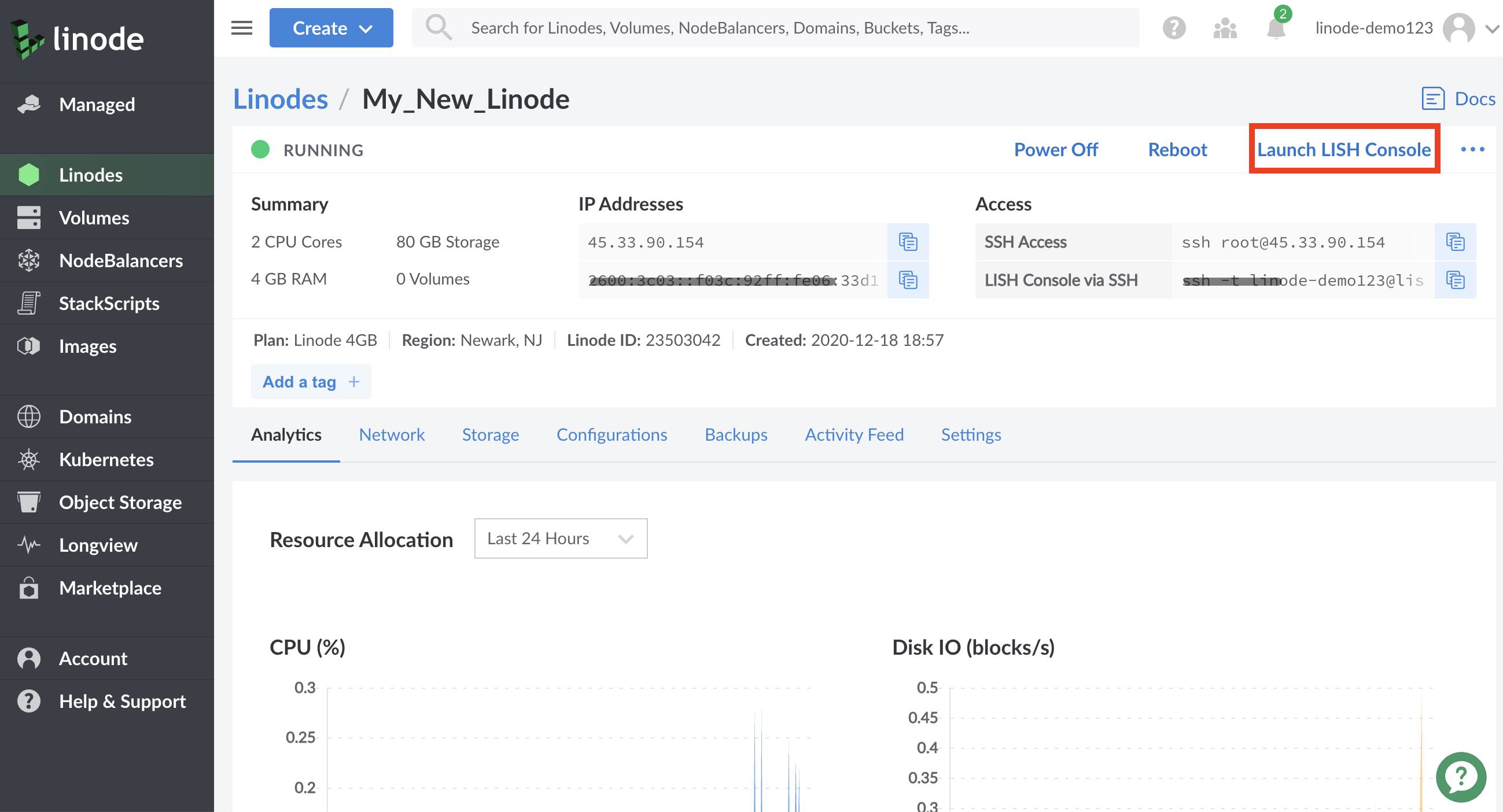 Cloud Manager Linode detail page - Launch Console button highlighted Cloud Manager Linode detail page - Launch Console button highlighted