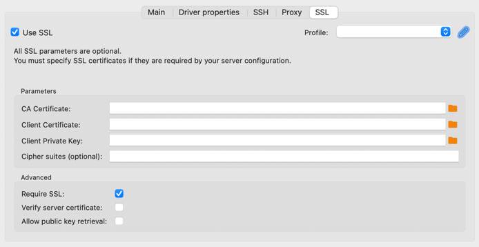 Screenshot of DBeavers MySQL SSL connection settings. Screenshot of DBeavers MySQL SSL connection settings.