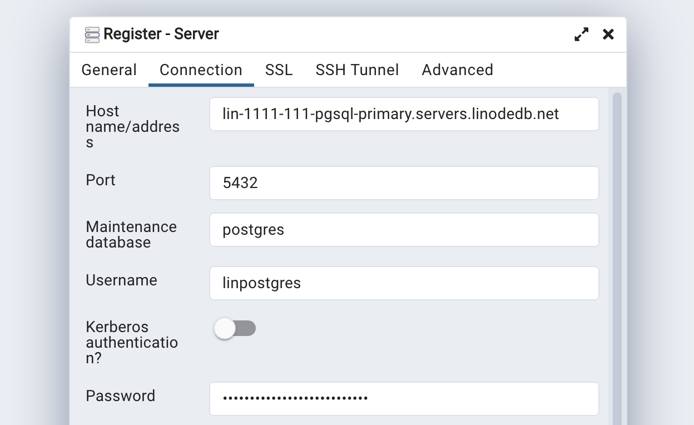 Screenshot of the Connection tab within the Register Server form Screenshot of the Connection tab within the Register Server form