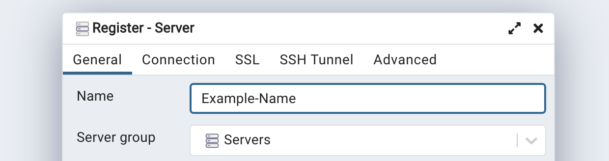 Screenshot of the General tab within the Register Server form Screenshot of the General tab within the Register Server form