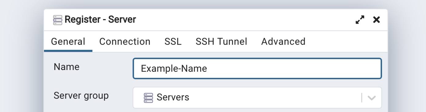 Screenshot of the General tab within the Register Server form Screenshot of the General tab within the Register Server form