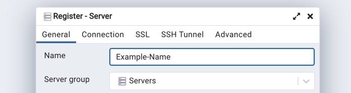 Screenshot of the General tab within the Register Server form Screenshot of the General tab within the Register Server form