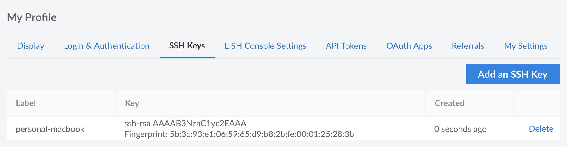 Screenshot of the SSH Keys page Screenshot of the SSH Keys page