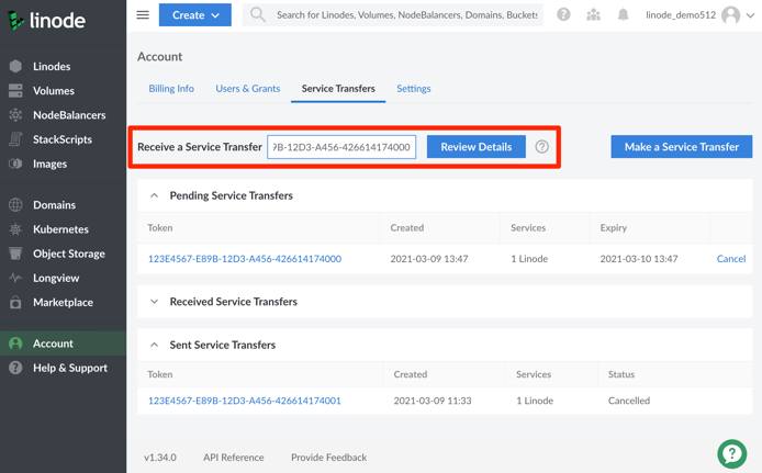 Review the summary of Linode services to be transferred before accepting. Review the summary of Linode services to be transferred before accepting.