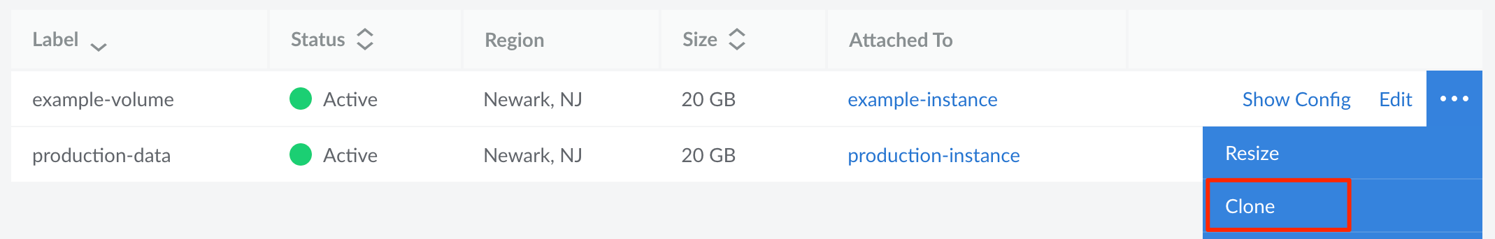 Screenshot of the Clone link for a Block Storage volume Screenshot of the Clone link for a Block Storage volume