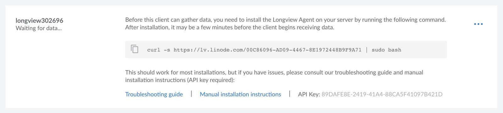 Screenshot of a new Longview client in Cloud Manager Screenshot of a new Longview client in Cloud Manager