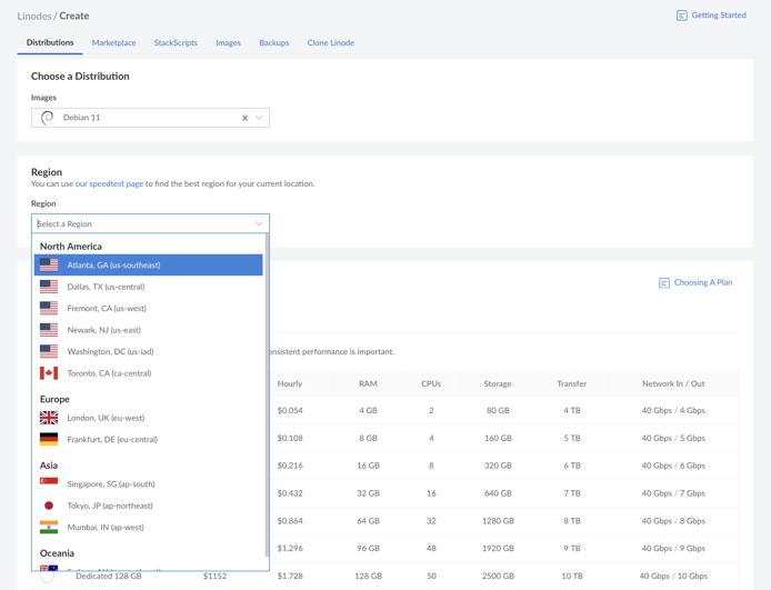 Linode Create form with regions menu opened Linode Create form with regions menu opened